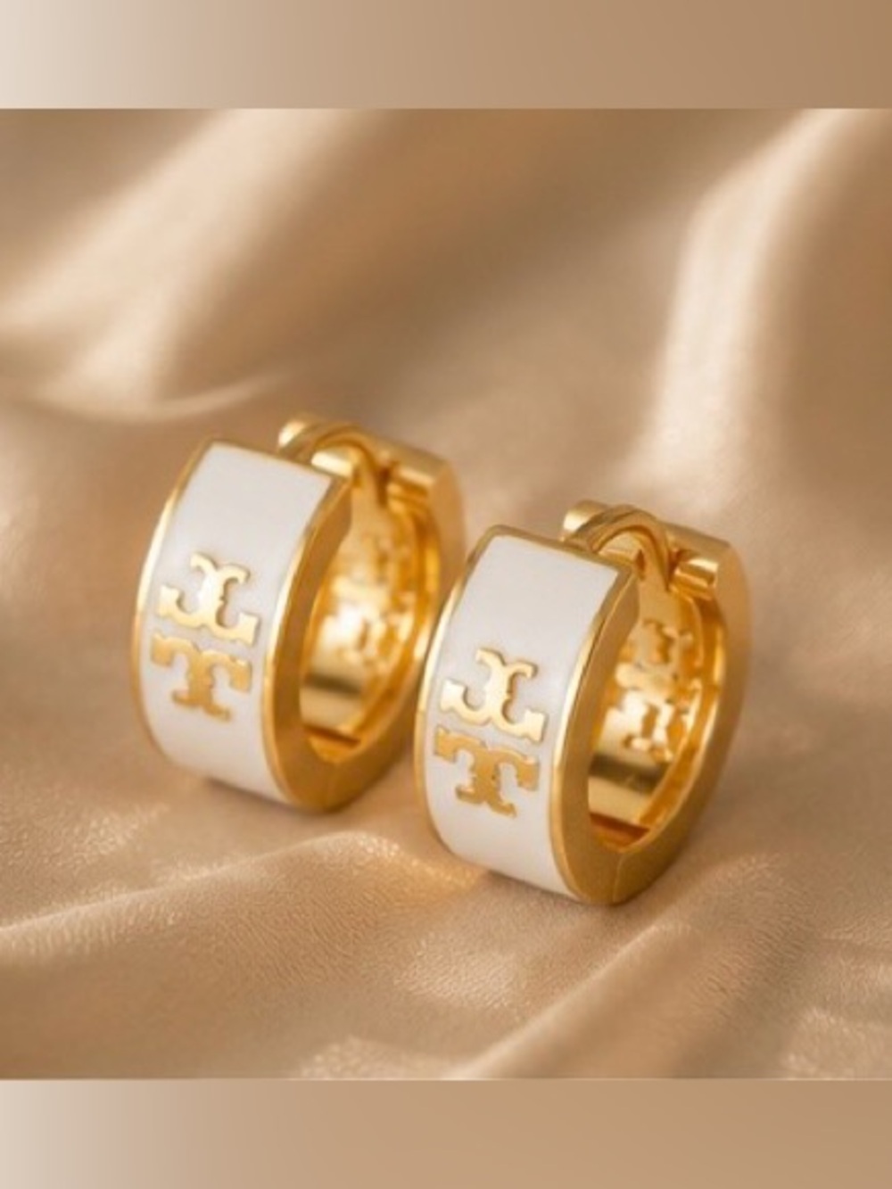 Luxury Gold and White Logo Hoop Earrings